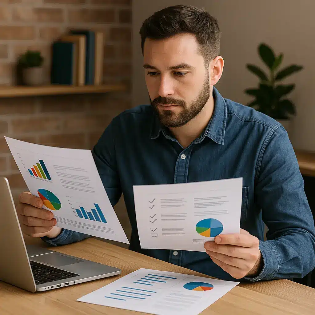 A man with a beard sits at a desk, looking at charts and graphs on printed documents. He is in front of a laptop, appearing focused as he analyzes hybrid metrics. A plant and bookshelf are in the background.