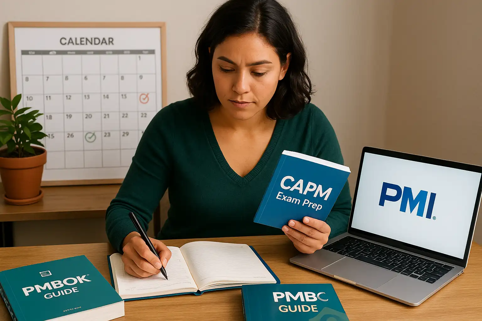 A woman sits at a desk studying with a CAPM Exam Prep book, writing in a notebook. PMBOK guides and a laptop displaying "PMI" are also on the desk. A calendar is visible in the background.