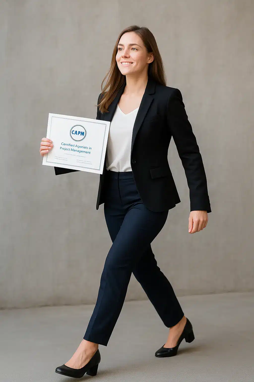 A smiling woman in a black suit and heels walks while holding a CAPM project management certificate, proudly showcasing her achievement after meeting all CAPM Certification Requirements against a plain light-colored background.