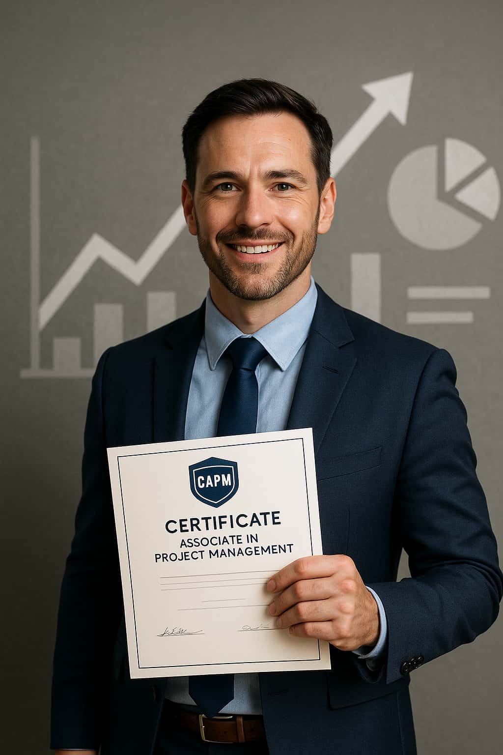 A smiling man in a suit holds a CAPM certificate for Associate in Project Management. Behind him are business-themed graphics, including a rising chart and pie chart, on a gray background.
