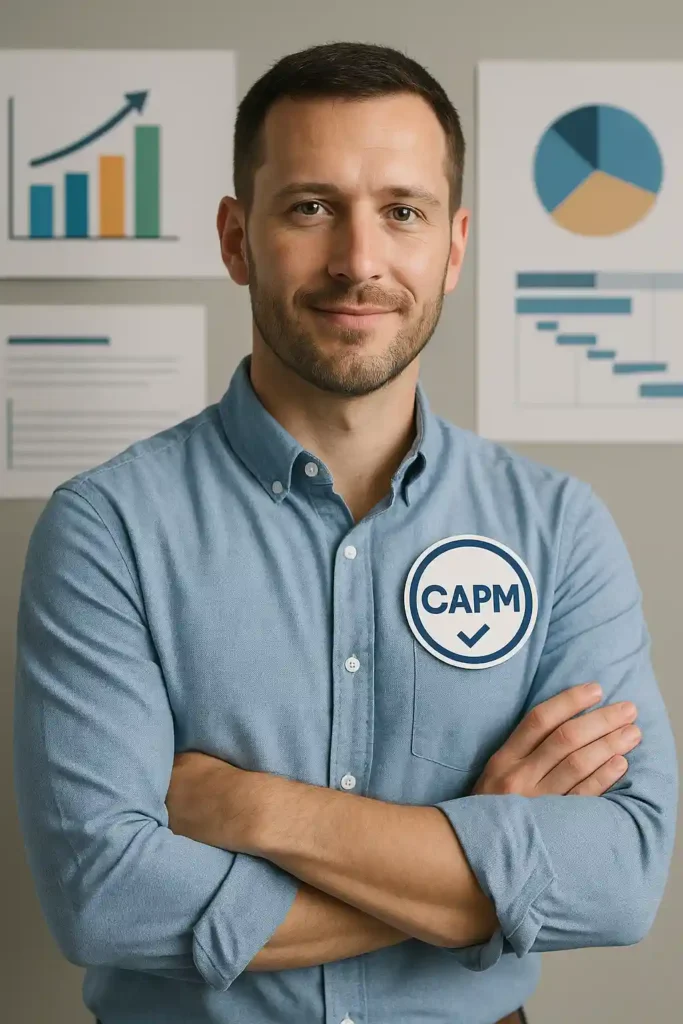A confident man in a blue shirt stands with arms crossed, wearing a CAPM badge. Behind him are project management charts and graphs displayed on the wall.
