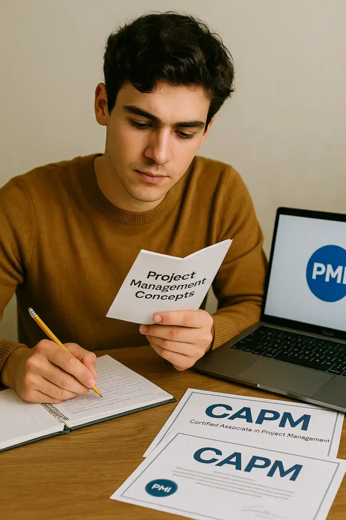 A man in a brown sweater studies a "Project Management Concepts" booklet at a desk with a notebook, two CAPM certificates, and a laptop displaying the PMI logo.