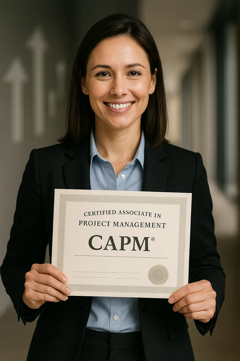 A smiling woman in business attire holds up a CAPM (Certified Associate in Project Management) certificate, standing in a hallway with blurred backgrounds and upward arrow graphics on the wall.