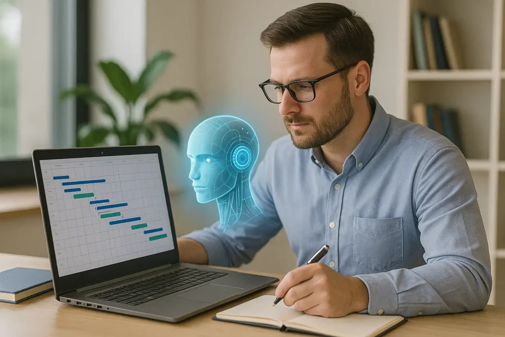 A man with glasses works at a desk with a laptop displaying a bar chart, writing in a notebook. A digital hologram of an artificial intelligence head appears beside the laptop.
