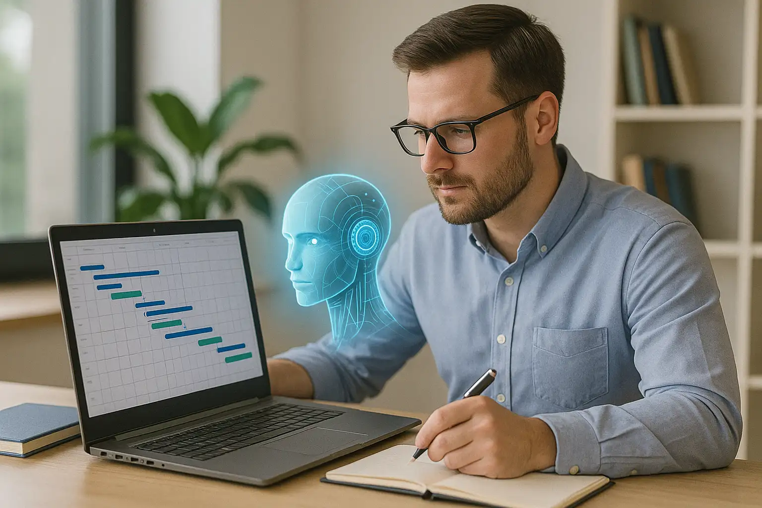 A man with glasses works at a desk with a laptop displaying a bar chart, writing in a notebook. A digital hologram of an artificial intelligence head appears beside the laptop.