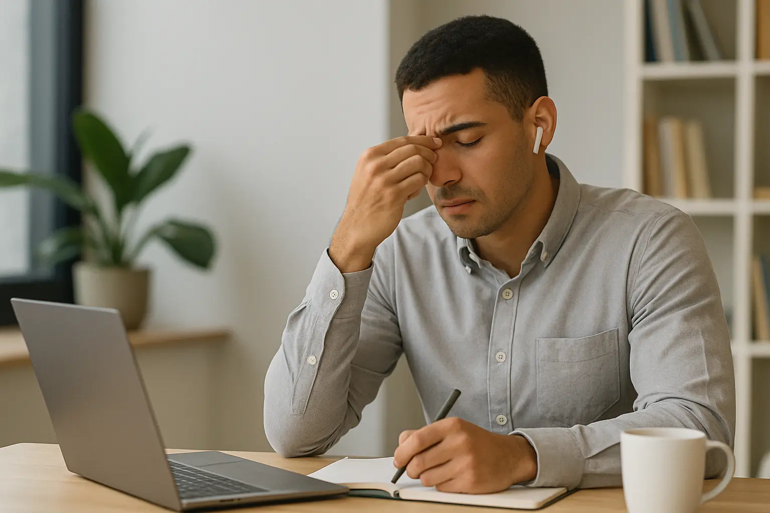 A man in a gray shirt sits at a desk with a laptop, notebook, and coffee mug, pinching the bridge of his nose in apparent frustration or fatigue, while wearing wireless earbuds.