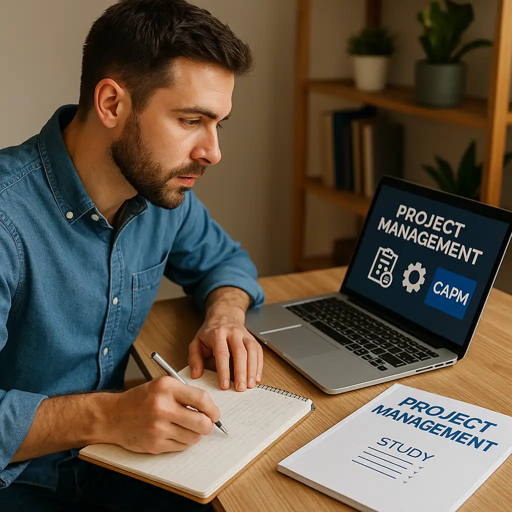 A man sits at a desk taking notes in a notebook, with a laptop displaying "PROJECT MANAGEMENT CAPM" and a study guide labeled "PROJECT MANAGEMENT" beside him. Bookshelves are visible in the background.