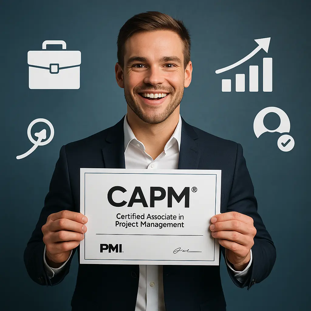 A smiling man in a suit holds a CAPM certificate. Behind him are icons for a briefcase, upward graph, magnifying glass, and a profile with a checkmark, symbolizing project management and career success.