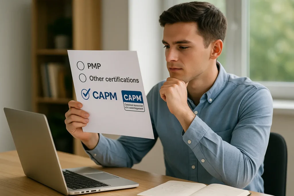 A man sits at a desk with a laptop, thoughtfully examining a paper showing a checklist. The options are “PMP,” “Other certifications,” and “CAPM.” “CAPM” is checked and highlighted.