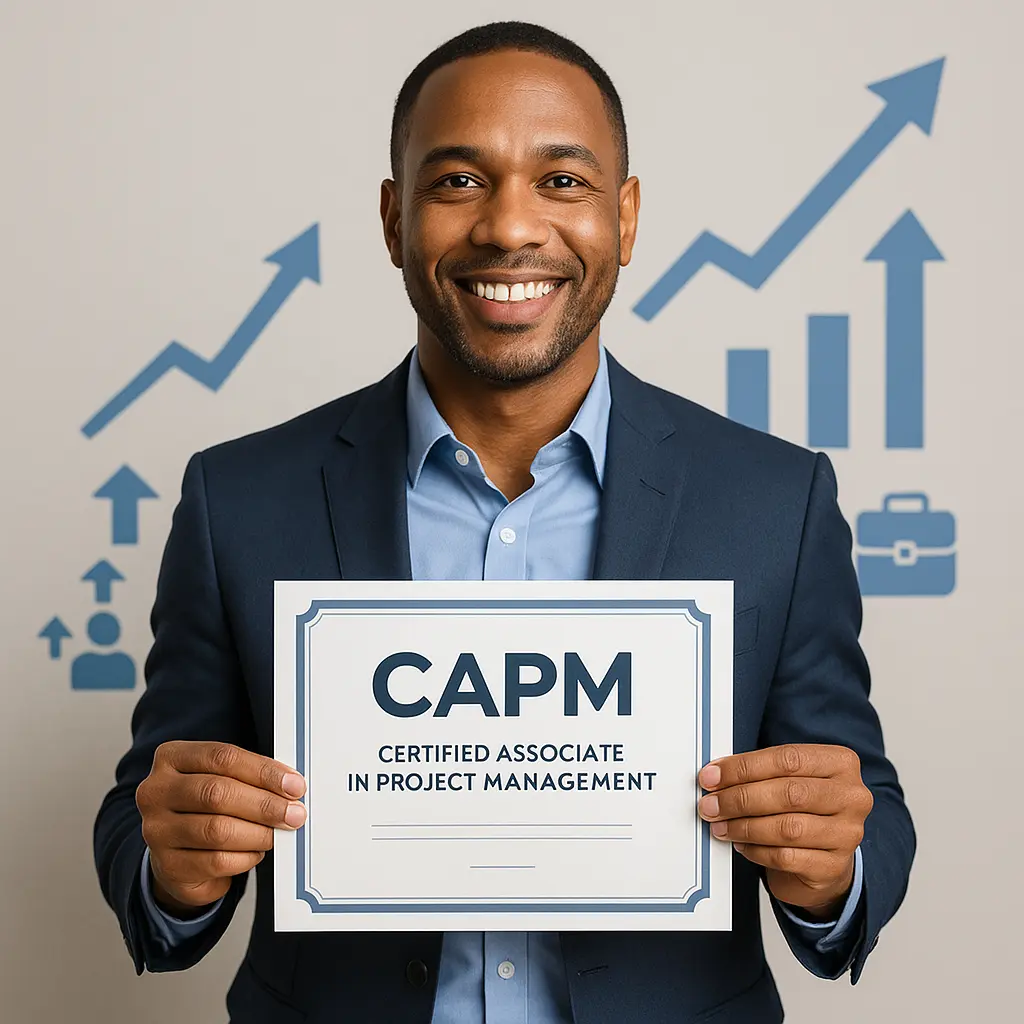 A smiling man in a suit holds a certificate that reads "CAPM Certified Associate in Project Management." Background graphics show upward-pointing arrows and business icons, highlighting his achievement from the CAPM Certification Course.