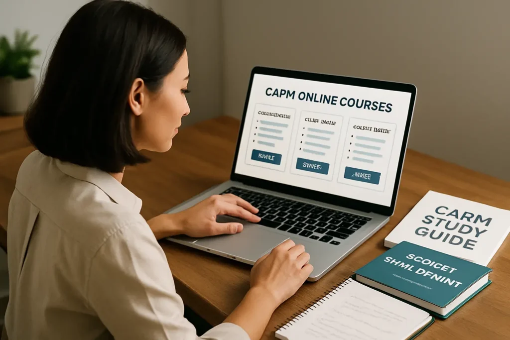 A woman sits at a desk using a laptop displaying "CAPM Online Courses." Beside her are a notebook, pen, and a book titled "CARM Study Guide." She appears to be studying or selecting a course.