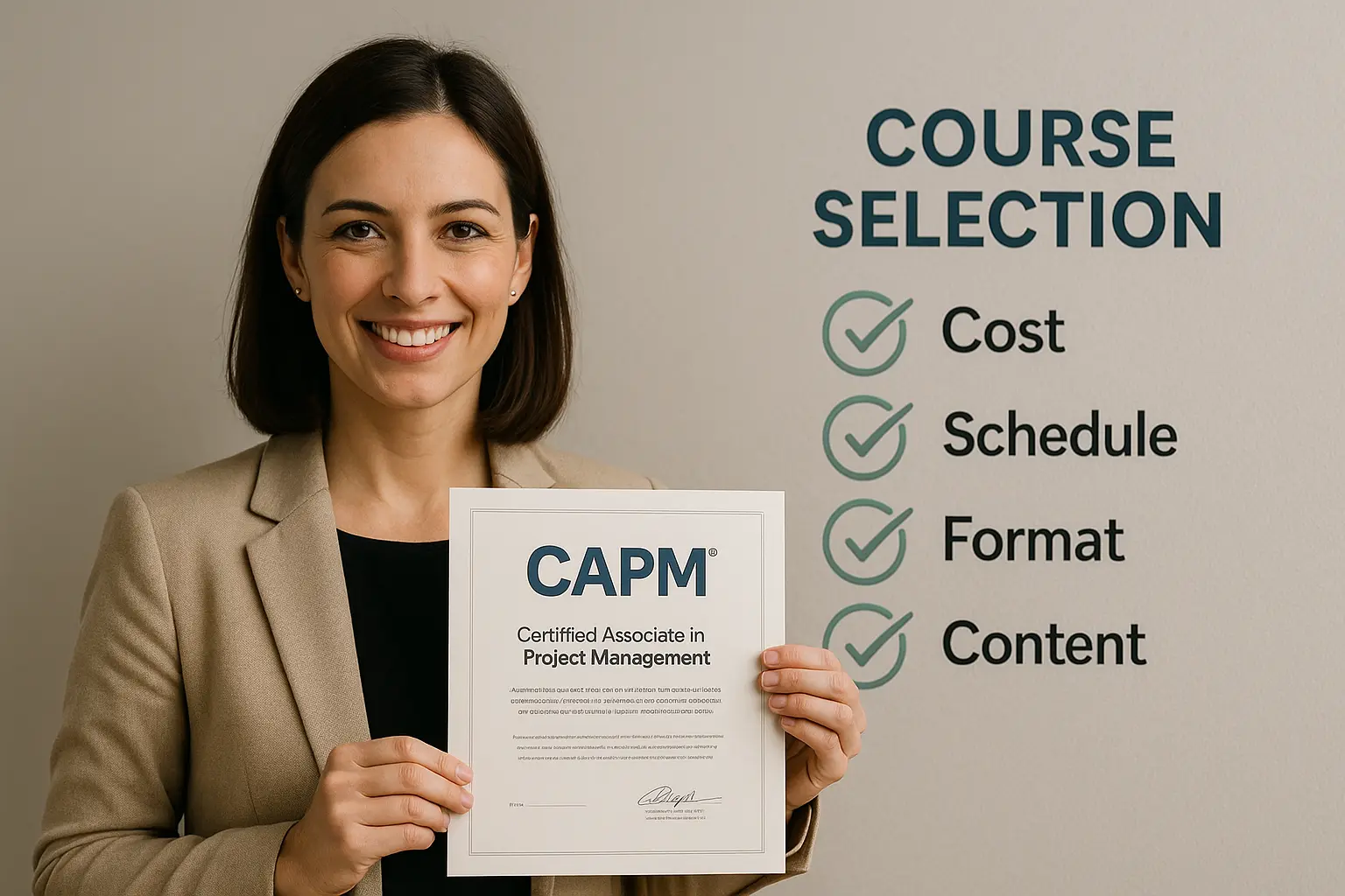 A smiling woman in a beige blazer holds a CAPM certificate. Next to her, a list titled "Course Selection" features checked items: Cost, Schedule, Format, and Content—perfect for those seeking the right CAPM Certification Online Course.