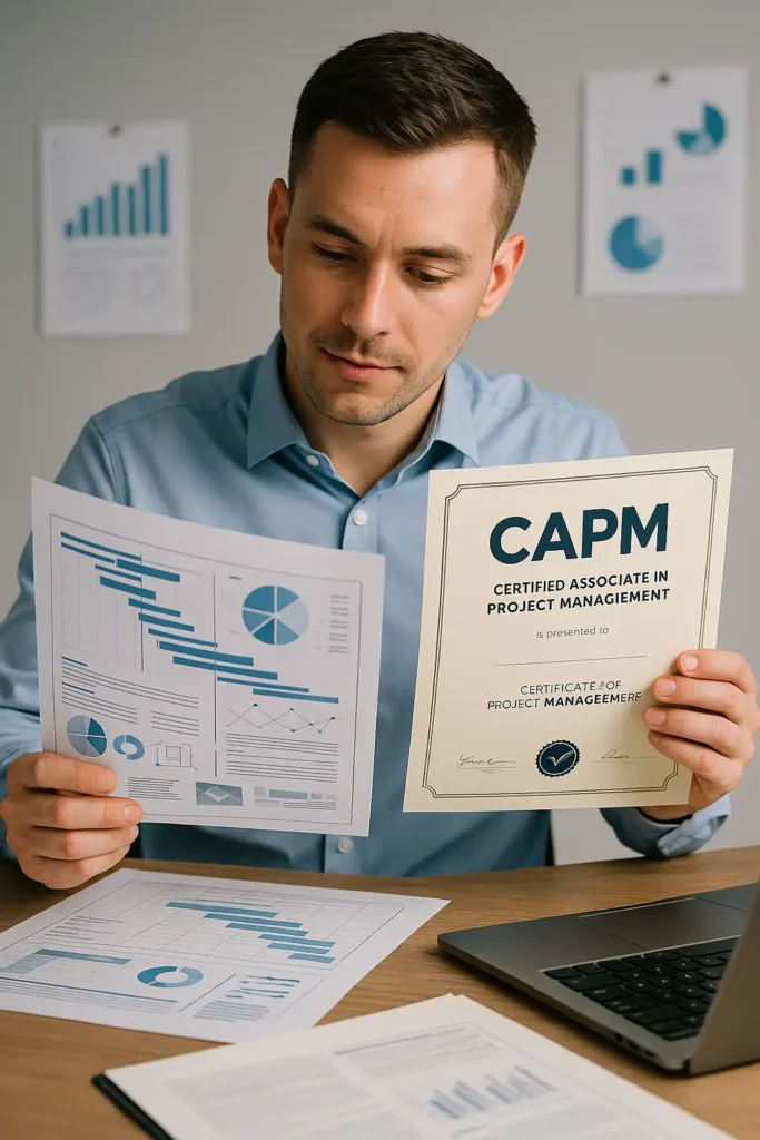 A man in a blue shirt sits at a desk holding a CAPM project management certificate in one hand and analyzing charts and graphs with the other. More charts and a laptop are on the desk; graphs are visible on the wall behind him.
