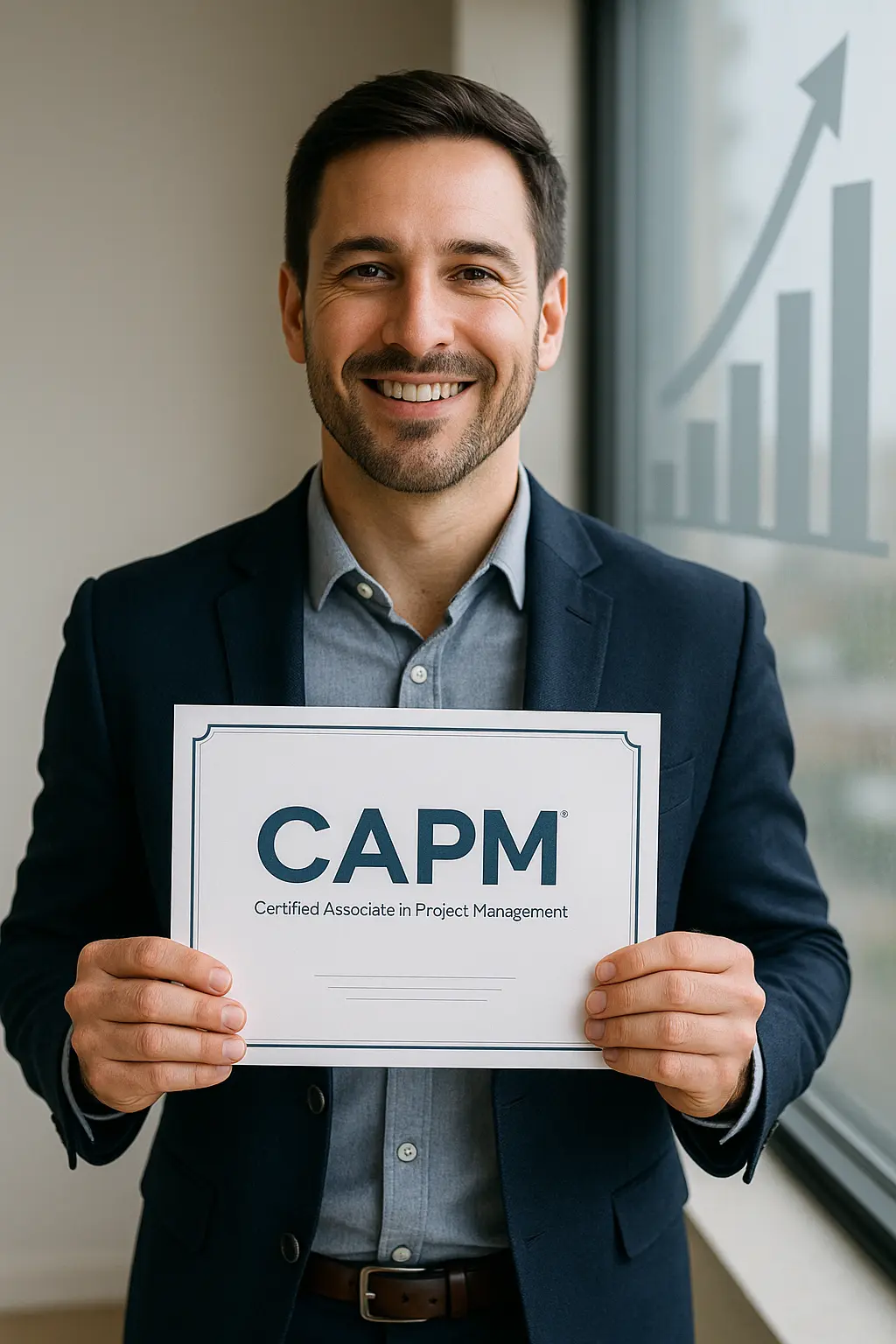 A smiling man in a suit stands by a window holding a CAPM (Certified Associate in Project Management) certificate. A chart with an upward arrow is visible on the window behind him.