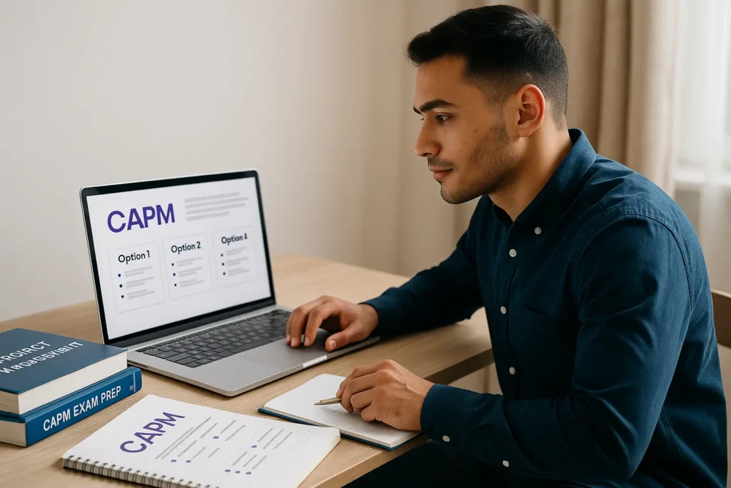 A man sits at a desk studying for the CAPM exam, using his laptop to review Best CAPM Certification Training options, with exam prep books and a notepad in front of him.