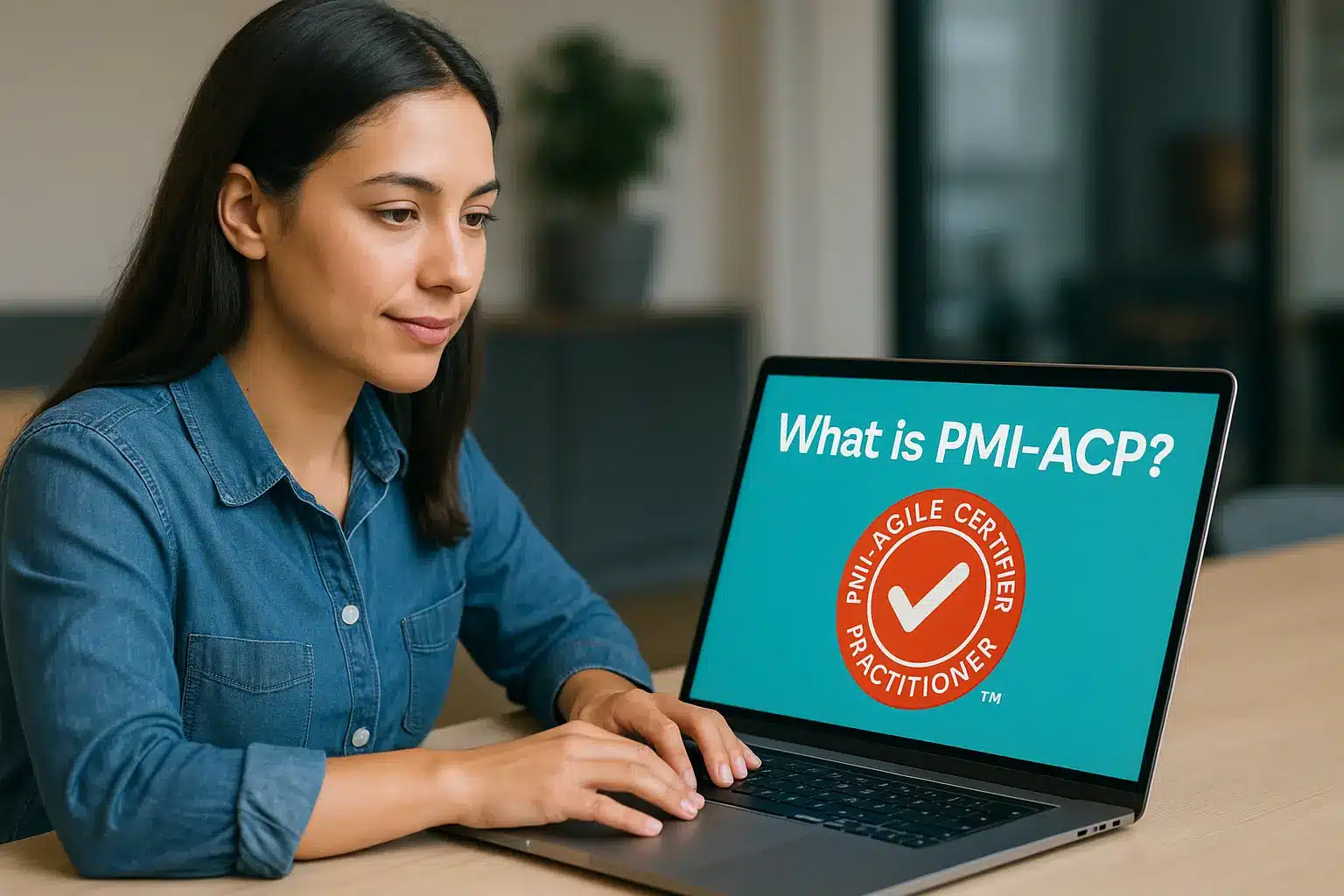 A woman sits at a desk using a laptop. The screen displays the text "What is PMI-ACP Certification?" along with the PMI Agile Certified Practitioner logo.