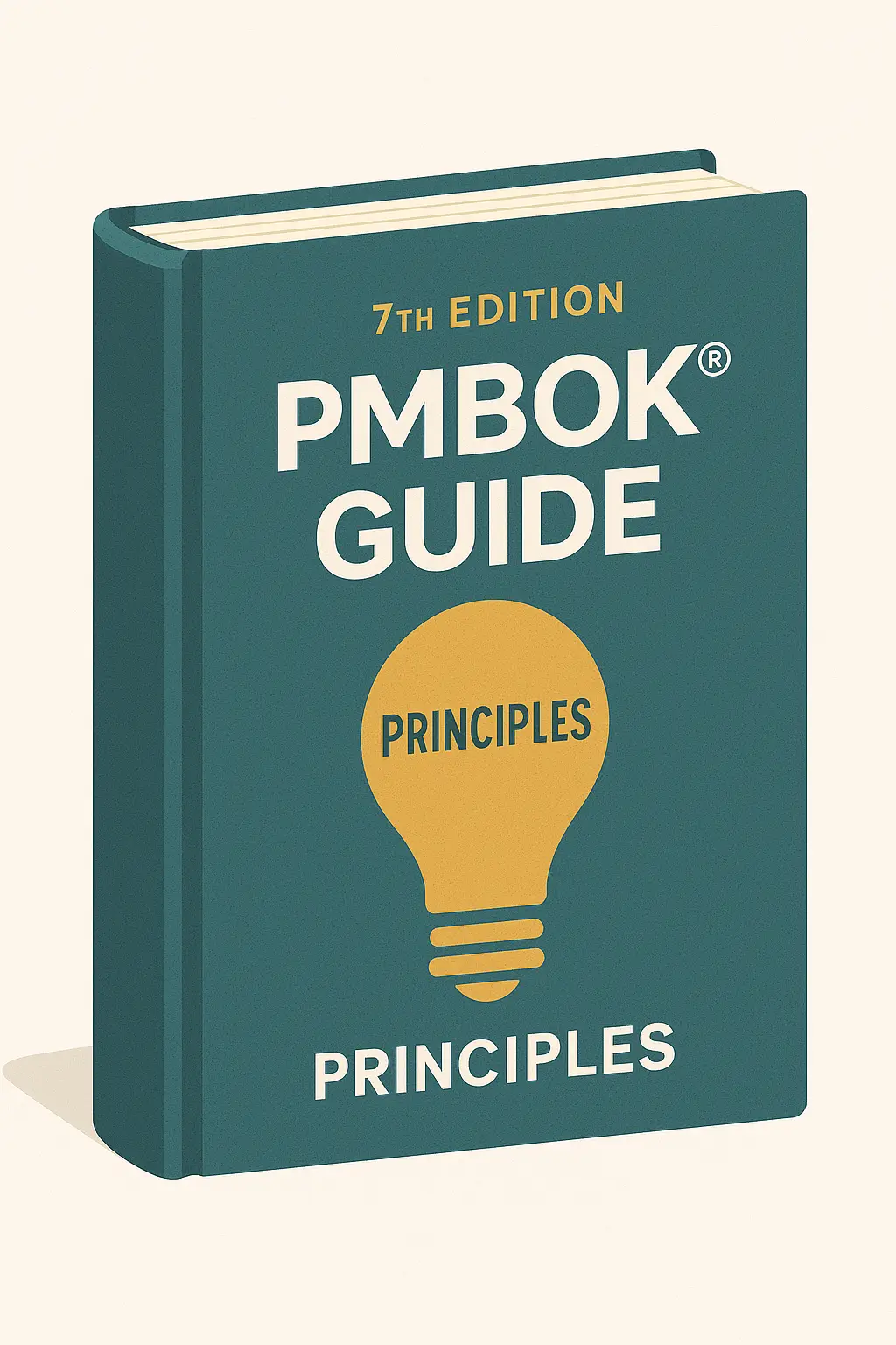 A teal hardcover book titled “PMBOK Guide 7th Edition” features a large yellow lightbulb labeled “Principles” on the cover, highlighting key PMBOK 7th Edition Principles. The book is standing upright on a light background.