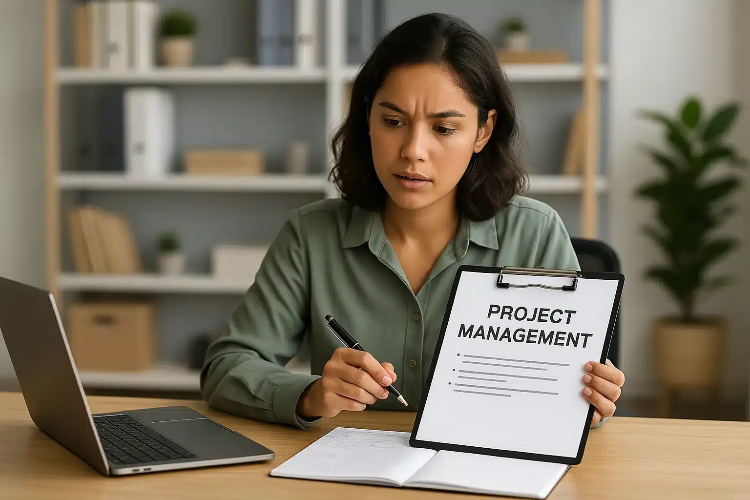 A woman sits at a desk with a laptop, holding a clipboard labeled "Project Management" and referencing PMBOK 7th Edition Principles while writing in a notebook, looking focused and slightly concerned. Shelves with books and decor appear in the background.