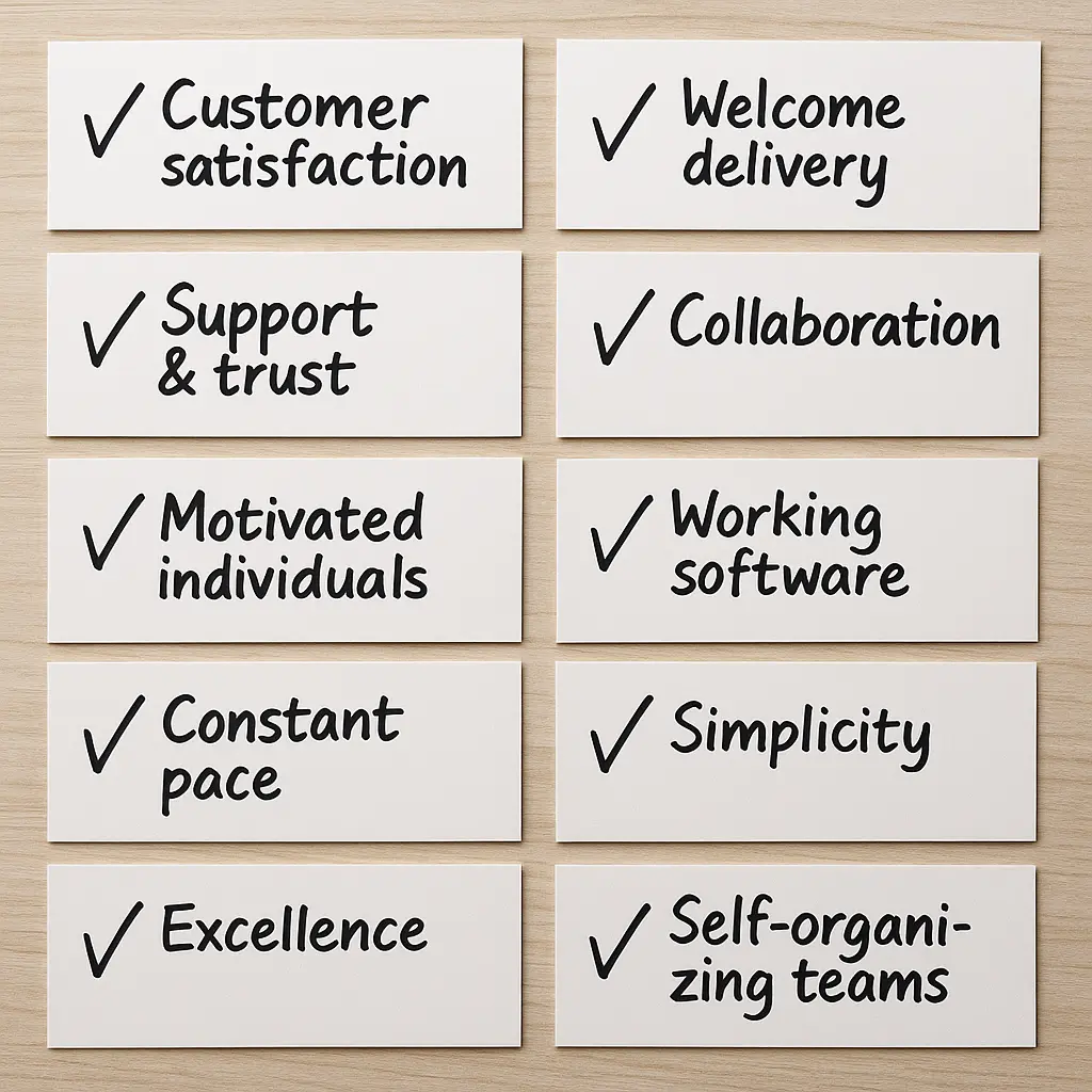 Ten white cards with bold text highlight key values like Customer satisfaction, Excellence, and Collaboration—reflecting many PMBOK 7th Edition Principles that guide effective teamwork and project delivery.