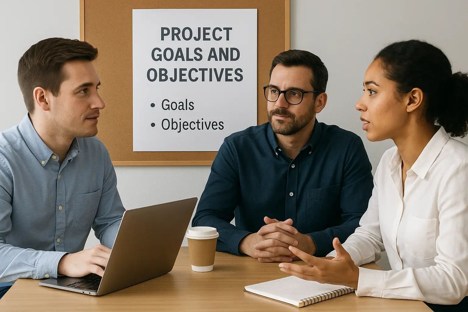 Three people sit at a table having a discussion. One has a laptop, another a notepad, and a coffee cup is on the table. A sign behind them reads "Project Goals and Objectives," reflecting PMBOK 7th Edition Principles in action.