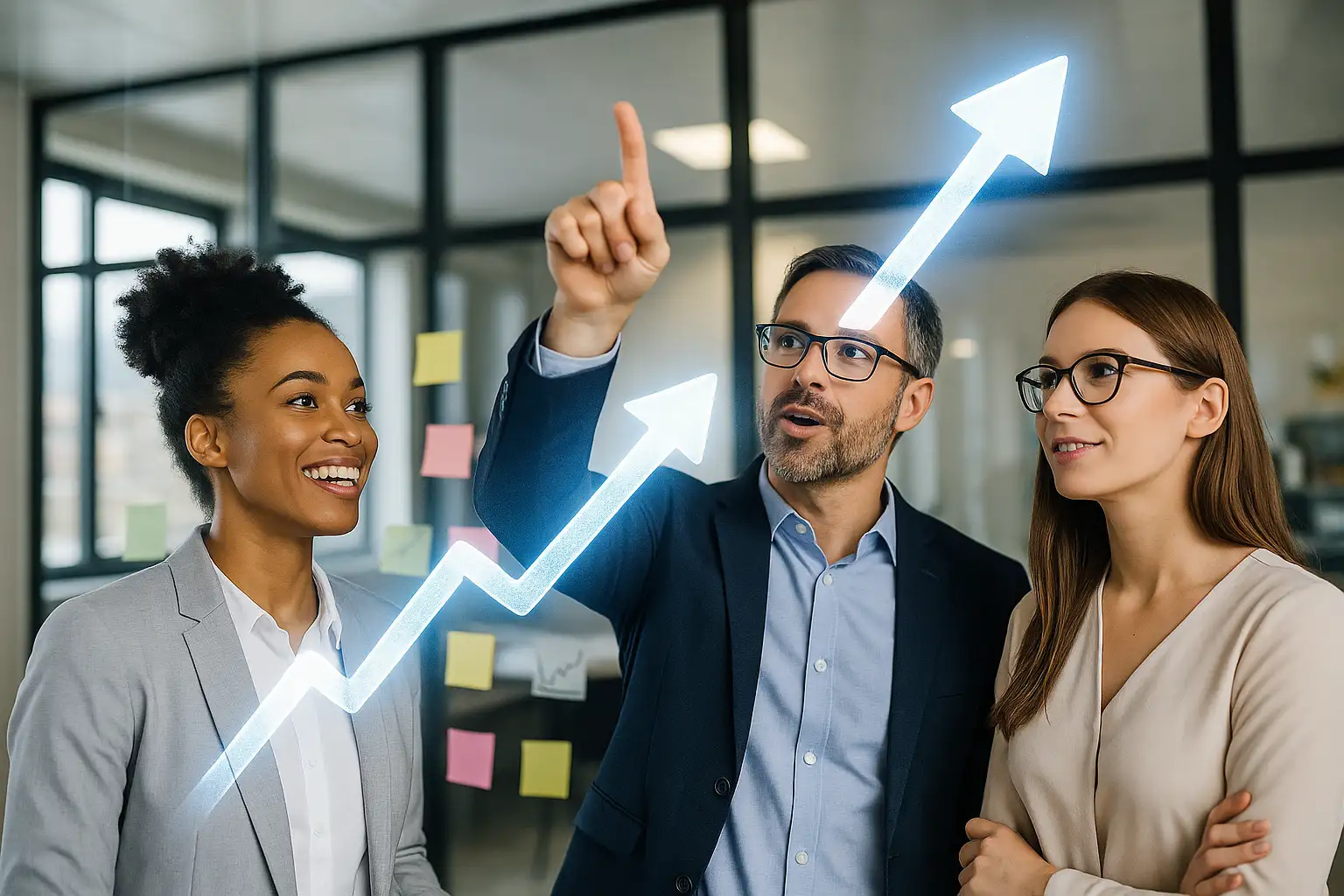 Three business professionals stand together in an office, smiling and looking at a glowing upward arrow graphic symbolizing growth, inspired by PMBOK 7th Edition Principles. Sticky notes are visible on glass walls in the background.