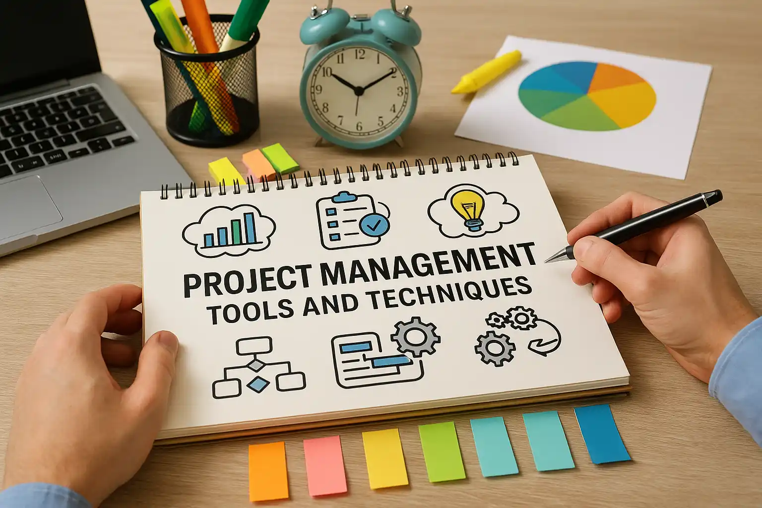 A person holds a notebook displaying "Project Management Tools and Techniques" with related icons, highlighting PMBOK 7th Edition Principles. Surrounding items include a clock, colored sticky notes, pens, and a pie chart on a wooden desk.