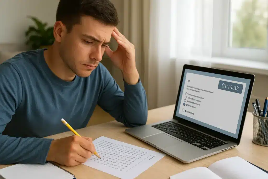 A man sits at a desk looking stressed while holding a pencil and working on a word search puzzle. A laptop next to him displays a multiple-choice test with a timer. Open notebooks are also on the desk.