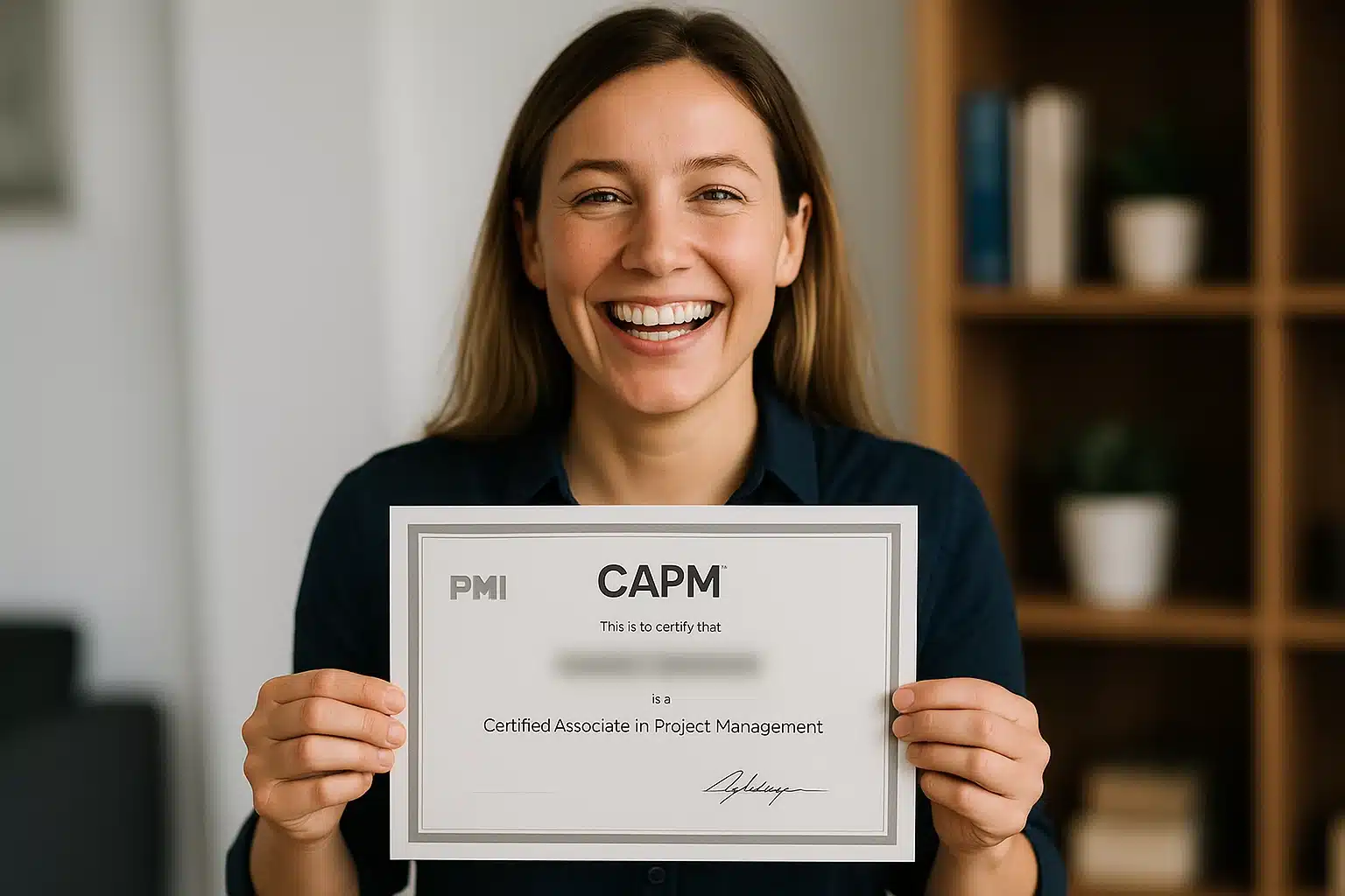 A smiling woman holds up a certificate for Certified Associate in Project Management (CAPM) in front of her, standing indoors with bookshelves in the background.