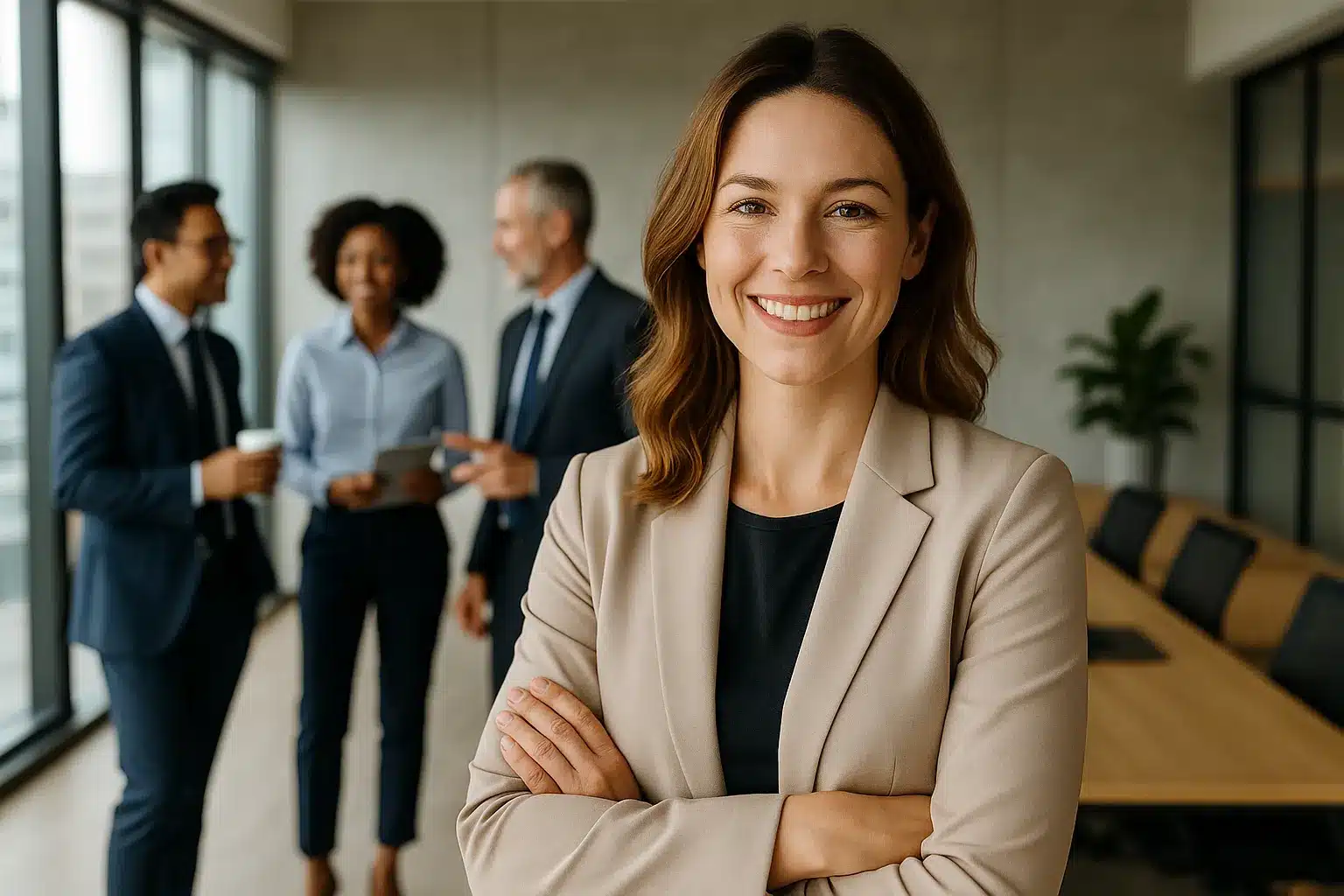 A confident woman in a beige blazer stands smiling with arms crossed in a modern office, representing success in jobs with PMP certification. In the background, three colleagues chat over coffee near large windows filled with natural light.