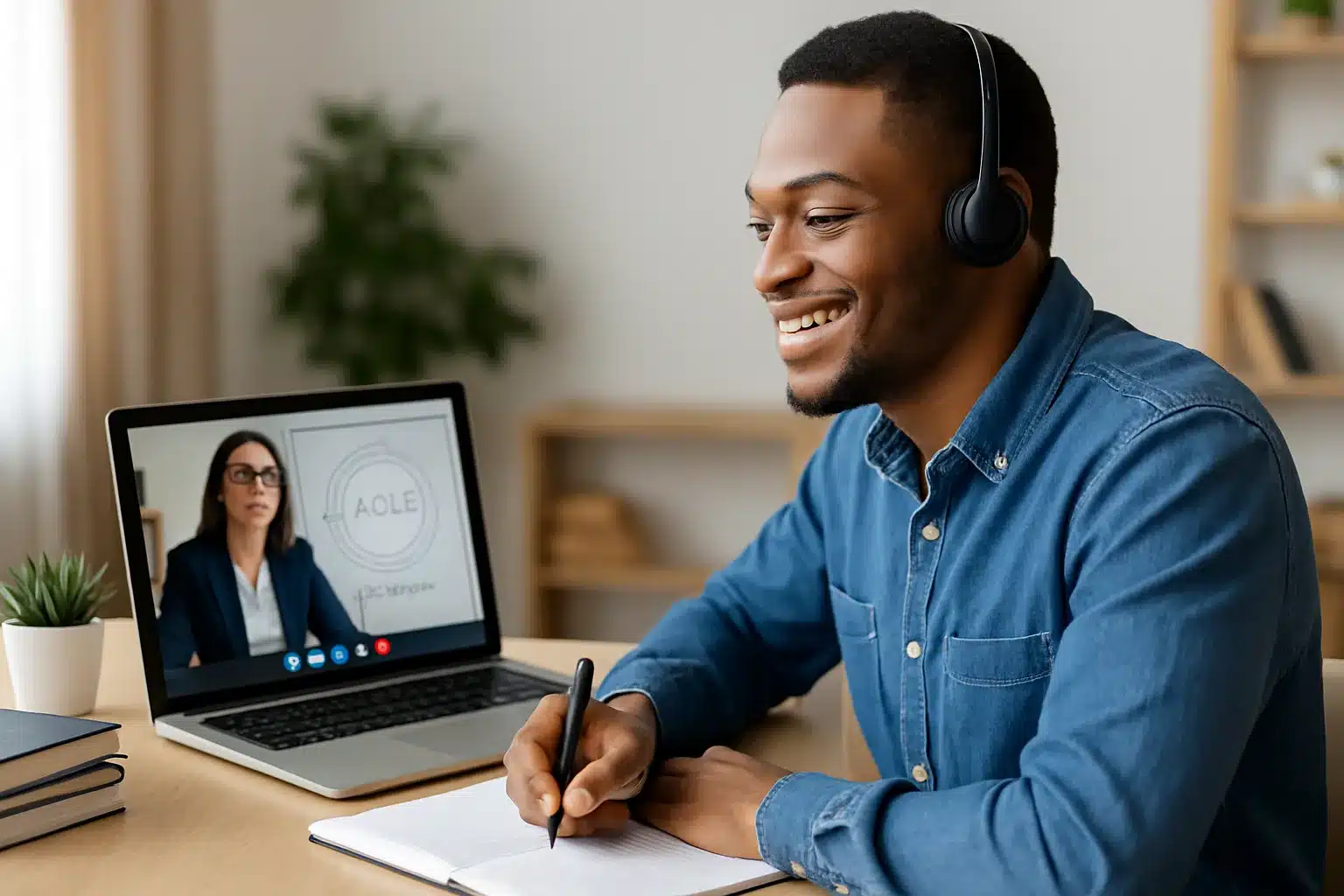 A man wearing headphones sits at a desk, smiling and taking notes, while participating in a video call about PMP online certification with a woman on his laptop.