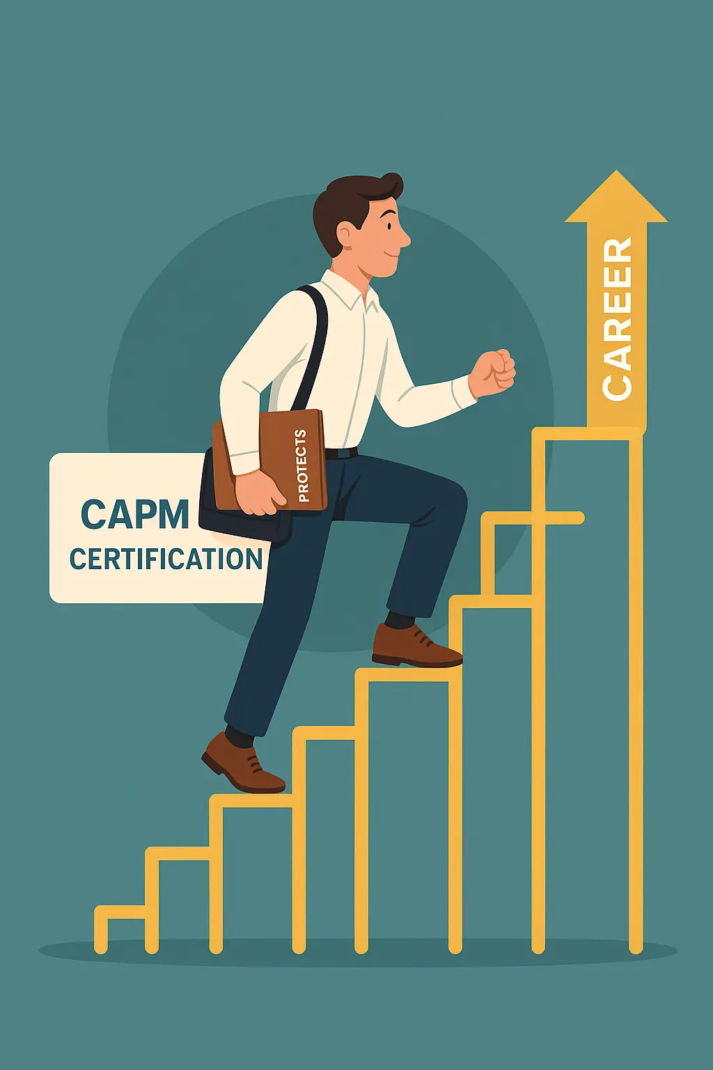 A man carrying a “Projects” folder climbs upward yellow steps shaped like a bar graph toward an arrow labeled “Career.” A sign next to him reads “CAPM Certification.” The background is blue-green.