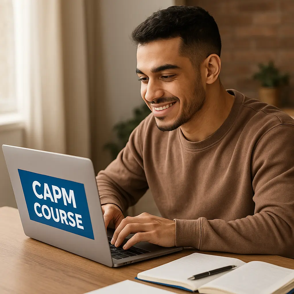 A smiling man in a brown sweatshirt sits at a desk using a laptop with a screen that says "CAPM COURSE." An open notebook and pen are on the desk beside him.