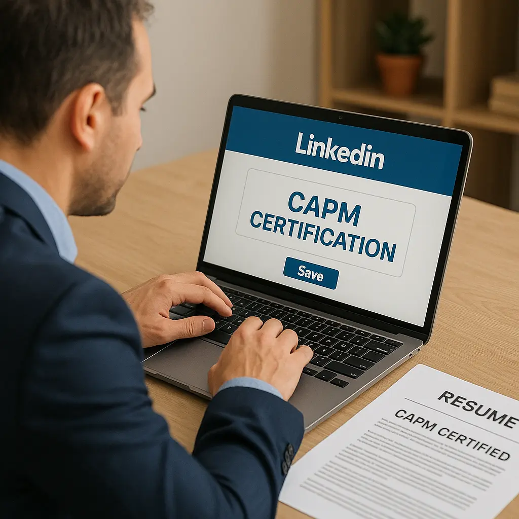 A man in a suit types on a laptop displaying a LinkedIn page with "CAPM CERTIFICATION" on the screen. A resume titled "CAPM CERTIFIED" is on the desk beside him.