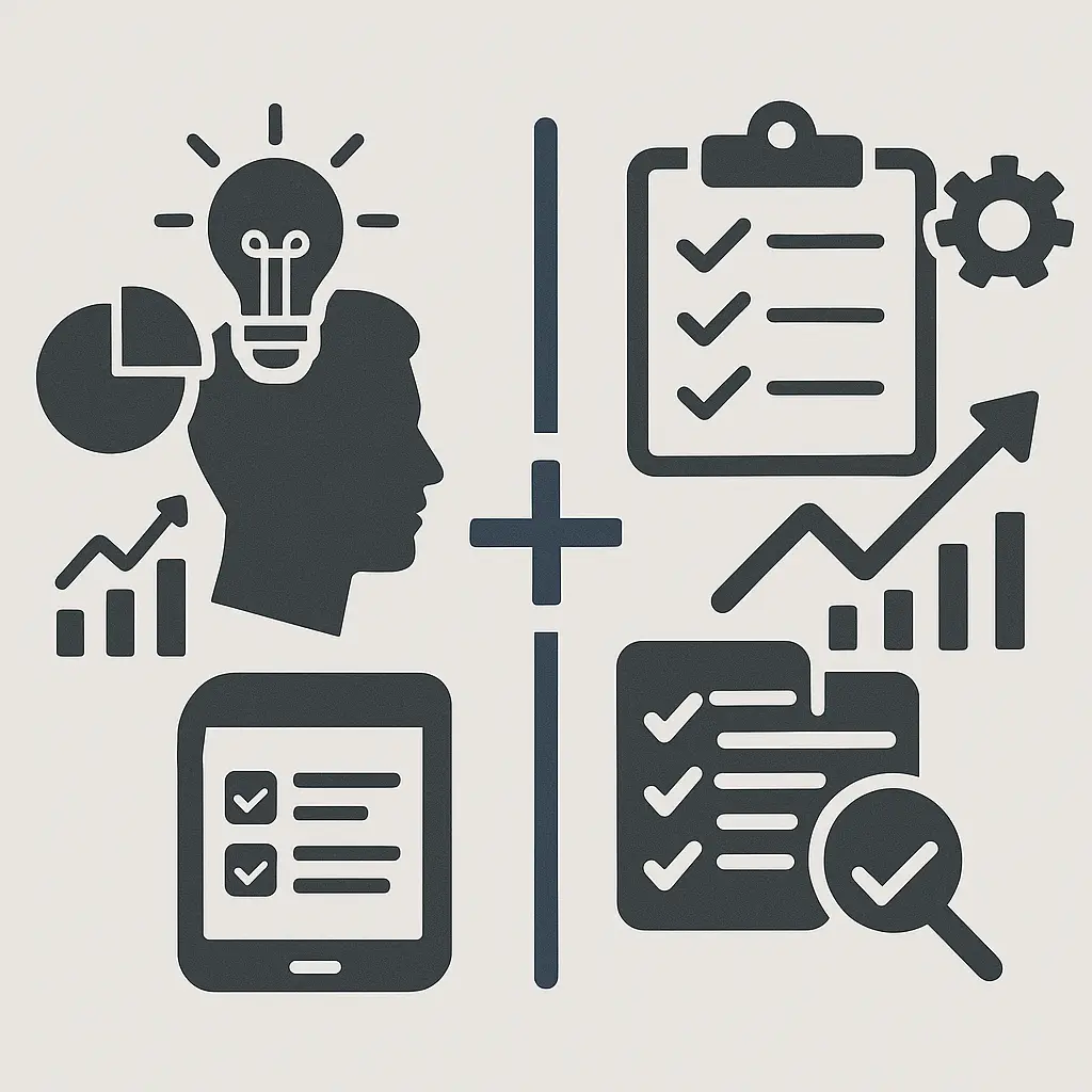 Silhouettes of a head with a lightbulb, charts, checklists, a clipboard, a gear, and a magnifying glass, representing ideas, analysis, planning, and productivity.