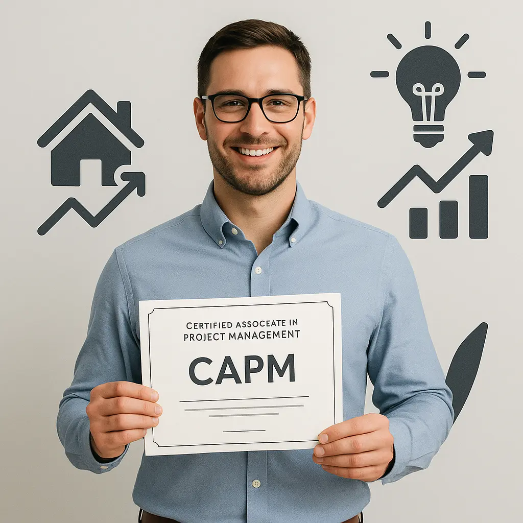 A smiling man in glasses and a blue shirt holds a certificate from a CAPM certification course. Behind him, icons of a house with an upward arrow, a light bulb, and a bar chart symbolize key project management concepts.