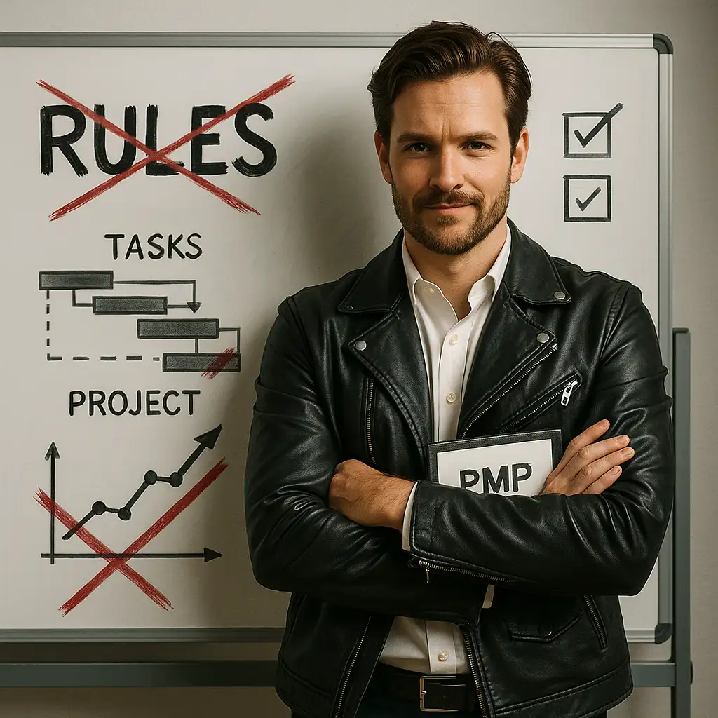 A man in a leather jacket stands confidently in front of a whiteboard displaying crossed-out “RULES,” charts labeled “TASKS” and “PROJECT,” and two marked checkboxes. He holds a PMP folder and smiles slightly.