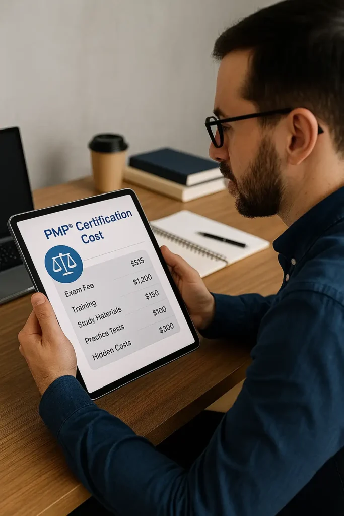 A man wearing glasses sits at a desk holding a tablet displaying a PMP Certification Cost breakdown, including fees for exam, training, study materials, practice tests, and hidden costs.