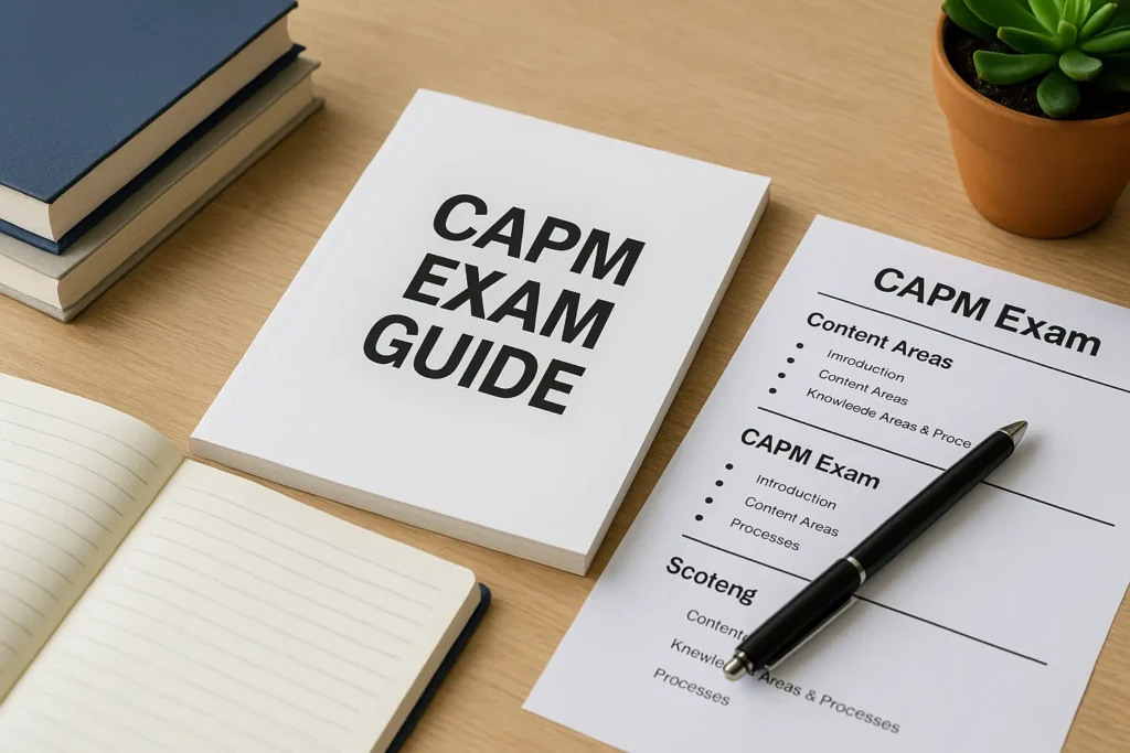 A desk featuring a CAPM Exam Guide book, an open notebook, a CAPM Exam paper with a pen on top, stacked books, and a small potted plant—perfect for focused CAPM Exam preparation.