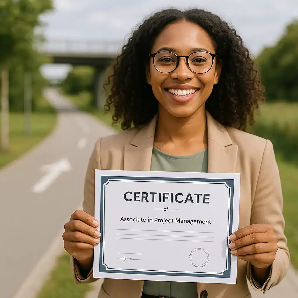 A smiling woman with curly hair and glasses stands outdoors, proudly holding up her "Certificate of Associate in Project Management," having successfully passed the CAPM Exam. She is wearing a beige blazer and a green top.