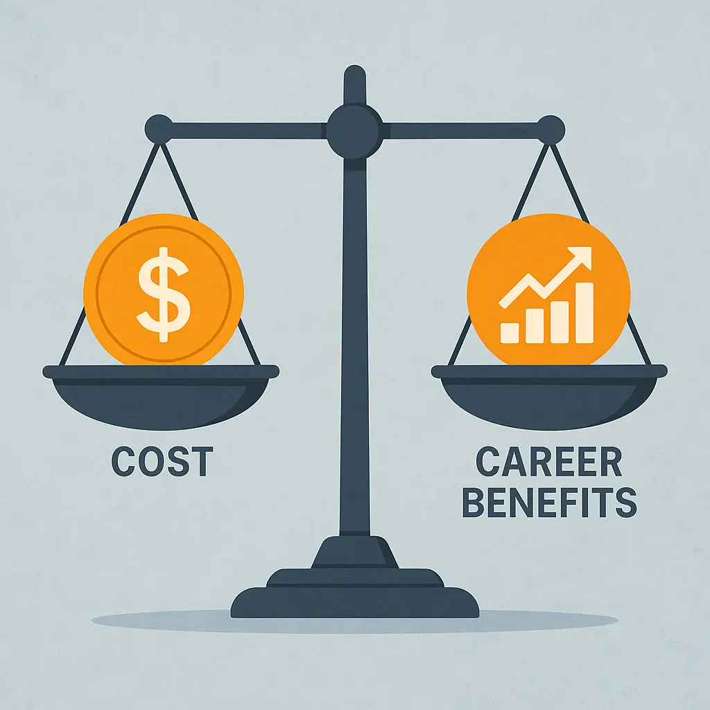 A balanced scale with a coin symbolizing "cost" on one side and a chart for "career benefits" on the other, illustrating the comparison between financial investment and career advantages of earning a CAPM Certification.