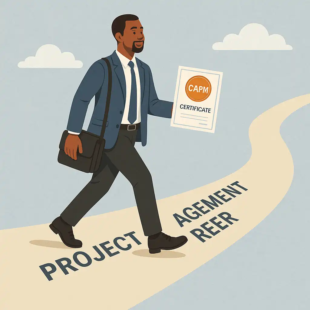 Illustration of a man in business attire holding a CAPM certificate, walking on a winding path labeled "PROJECT MANAGEMENT CAREER," visually answering the question: What is CAPM Certification and how does it guide your professional journey?.