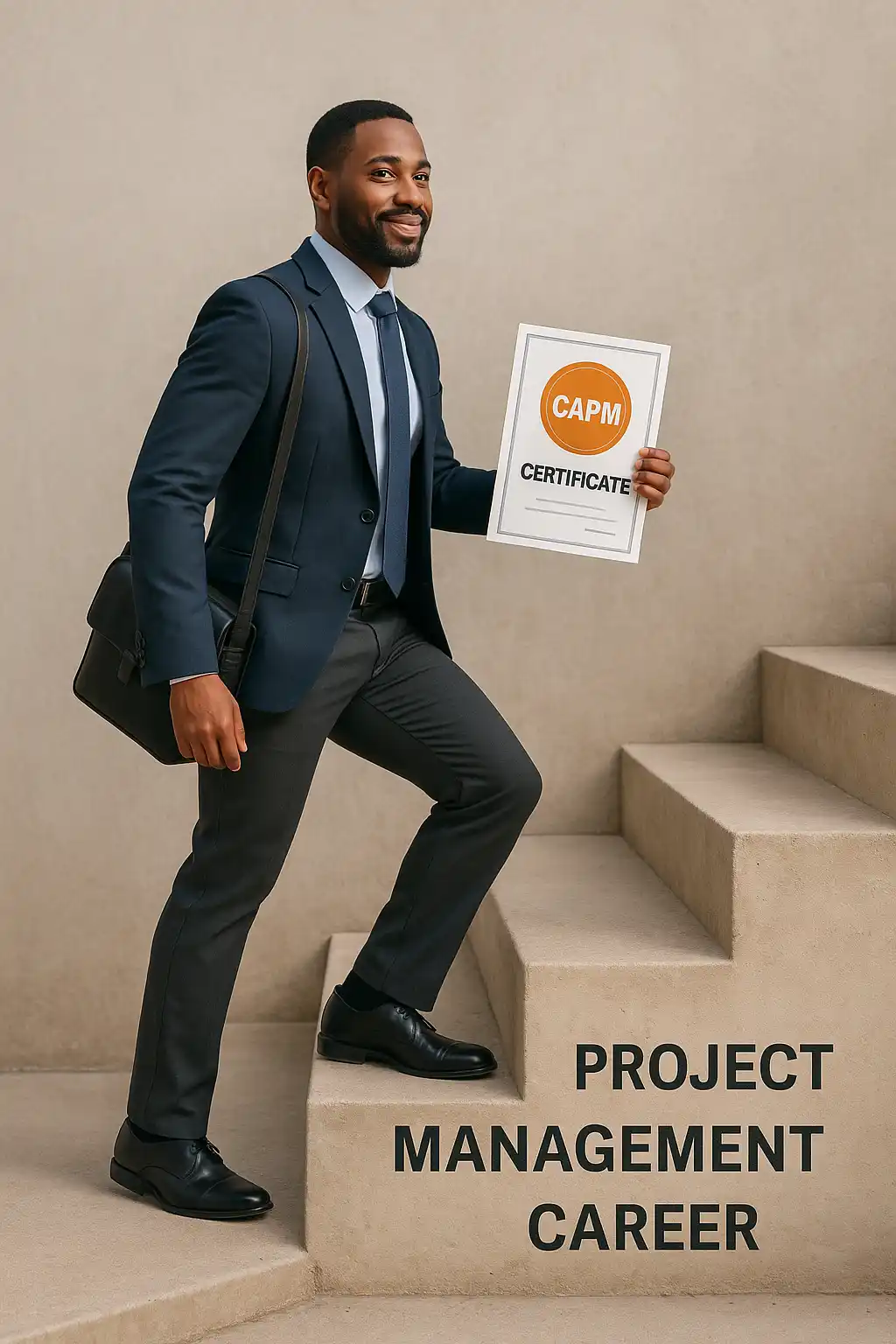 A man in business attire smiles while stepping up stairs labeled "Project Management Career," holding a "CAPM Certificate" and carrying a shoulder bag.