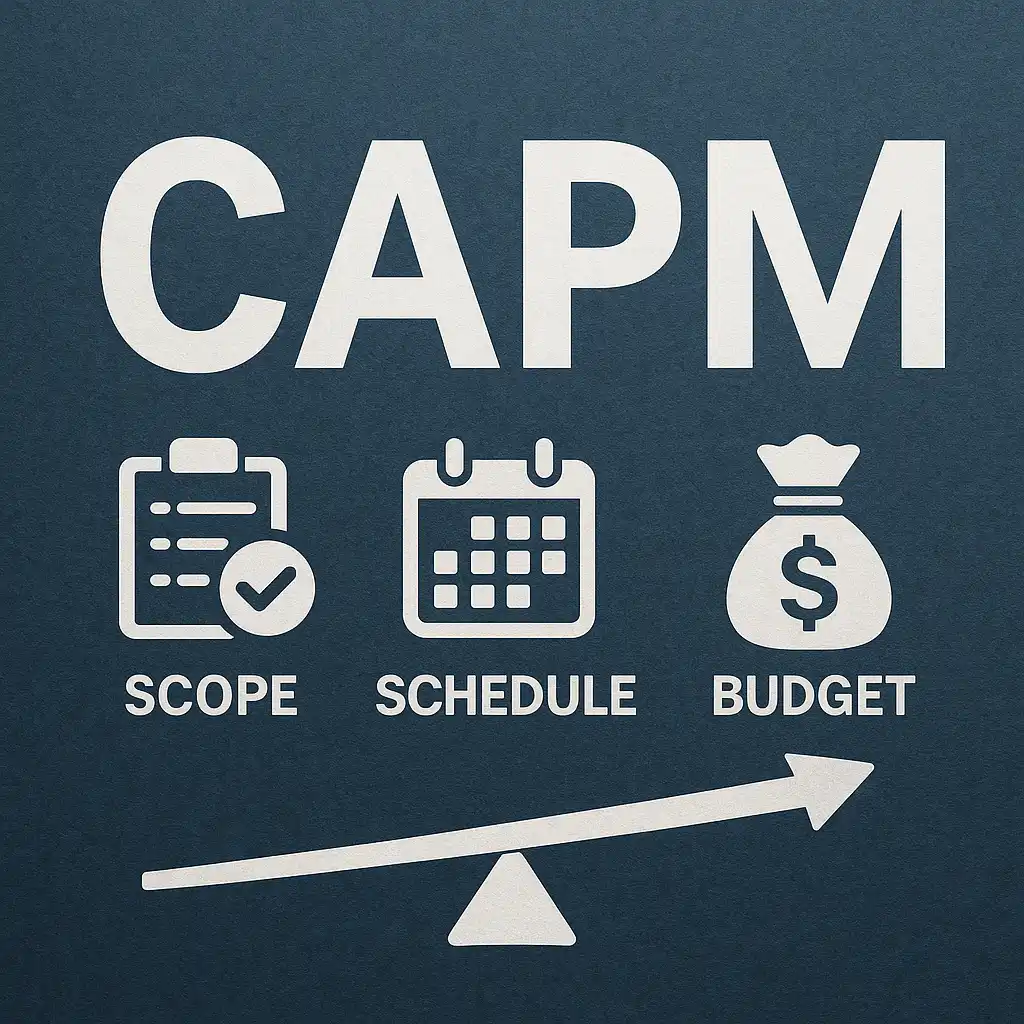 The image shows the acronym "CAPM" above icons for scope (clipboard with checkmark), schedule (calendar), and budget (money bag), with a seesaw graphic below them.