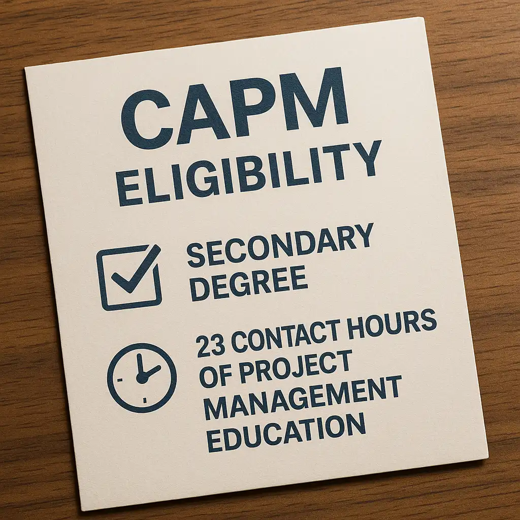 A document titled "CAPM Eligibility" lists requirements: a secondary degree and 23 contact hours of project management education, with icons of a checkmark and a clock, on a wooden surface.