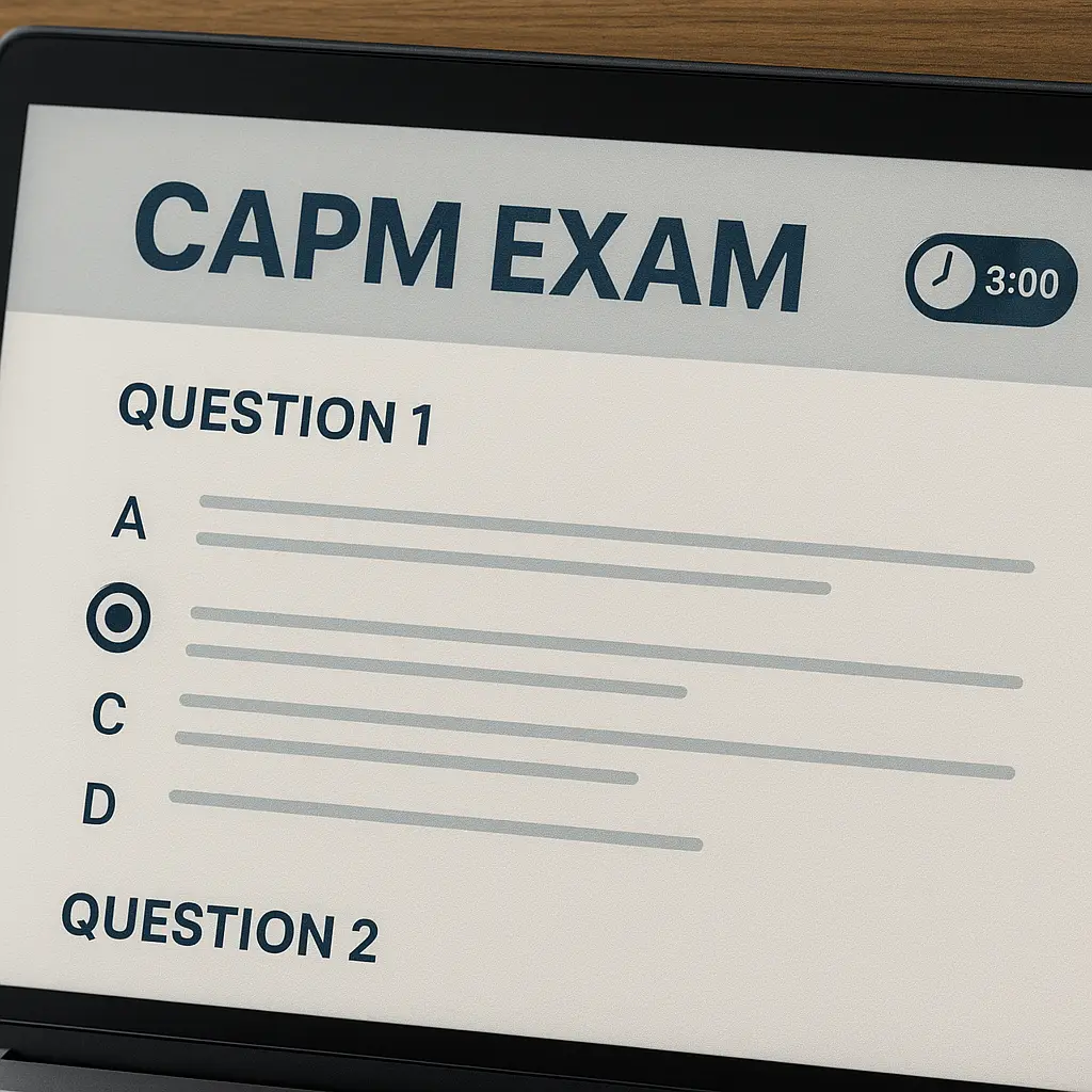 A computer screen displays a CAPM exam with multiple-choice questions. Question 1 has four answer options labeled A to D, with option B selected. A timer shows 3 minutes remaining in the top right corner.