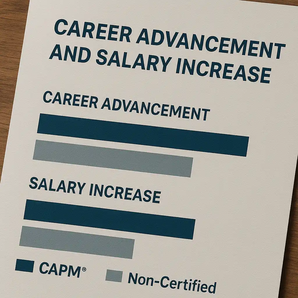 A chart compares career advancement and salary increase for CAPM-certified and non-certified individuals, illustrating the CAPM meaning with higher bars for certified professionals. A color legend differentiates both groups.