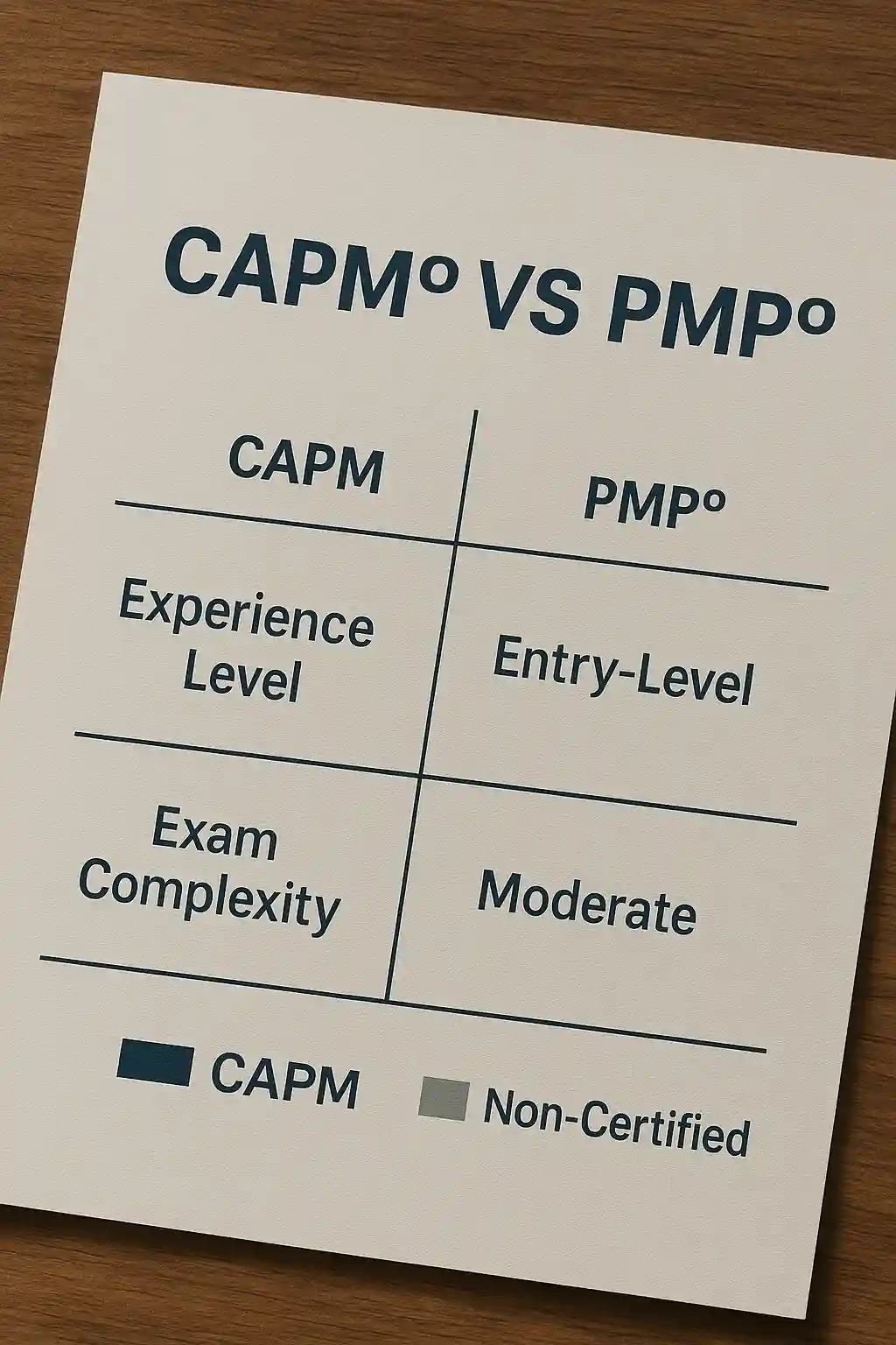 A comparison chart on paper titled "CAPM vs PMP" explains CAPM meaning as entry-level, with PMP rated moderate for both experience and exam complexity; a color key distinguishes CAPM and non-certified.