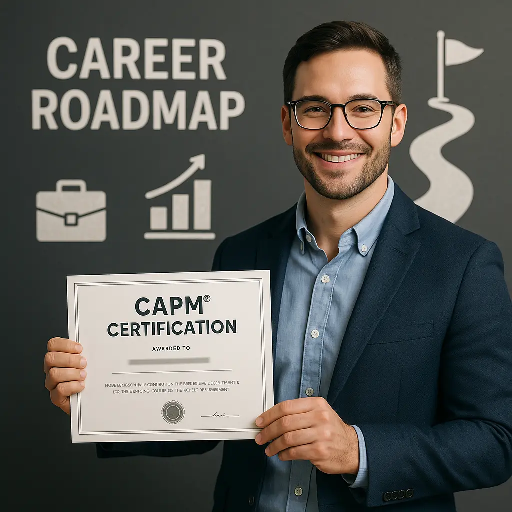 A smiling man in business attire holds a CAPM Certification certificate, illustrating CAPM meaning. Behind him, a wall displays graphics of a briefcase, chart, and path alongside the bold words “Career Roadmap.”.