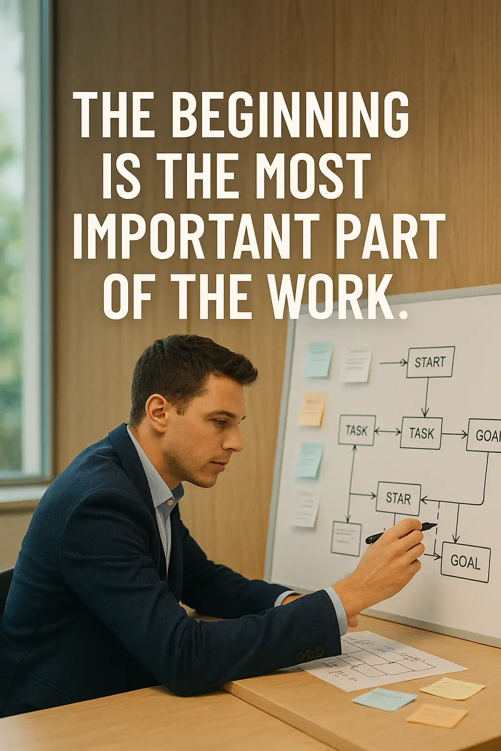 A man in a suit sits at a desk and draws a flowchart on a whiteboard covered with sticky notes. Above, the text reads: "The beginning is the most important part of the work." Ideal for Certified Associate in Project Management (CAPM) aspirants.
