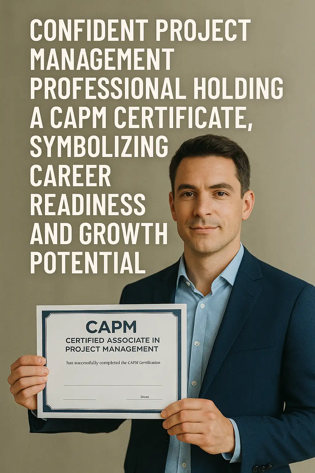 A confident man in a suit holds a Certified Associate in Project Management (CAPM) certificate, standing against a neutral background. Text beside him highlights career readiness and growth potential for CAPM-certified project management professionals.